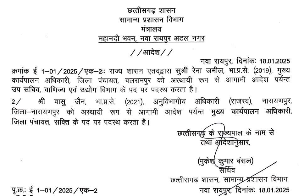 छत्तीसगढ़ - इन दो IAS अफसरो का तबादला , राज्य सरकार ने जारी किया आदेश 
