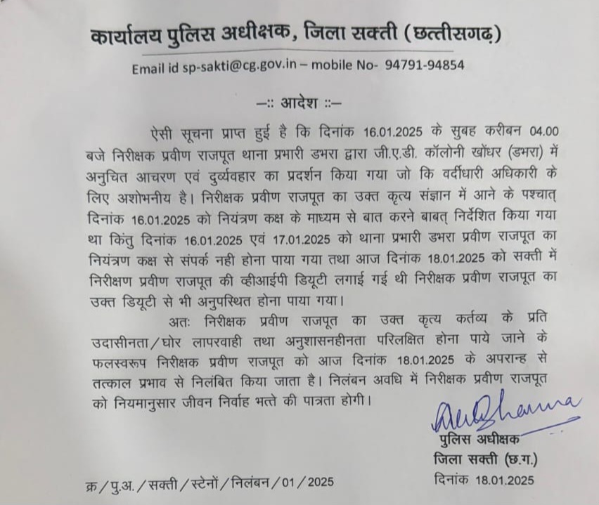 सक्ती - डभरा TI प्रवीण राजपूत सस्पेंड , SP अंकिता शर्मा की कार्यवाही 