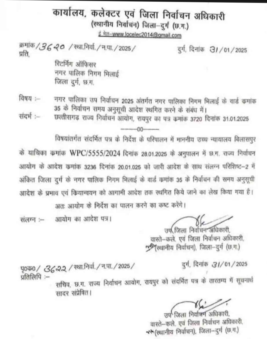 छत्तीसगढ़ - पार्षद चुनाव में लगी रोक , फिर से जारी होगी नई तारीख , राज्य निर्वाचन आयोग ने जारी किया आदेश