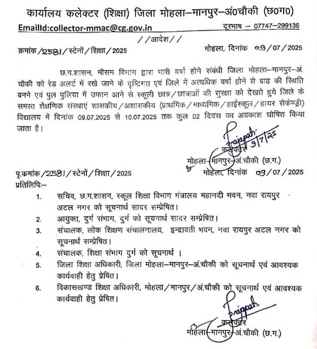 छत्तीसगढ़ - भारी बारिश के चलते सभी स्कूलों को बंद करने का आदेश , देखे आदेश की कॉपी