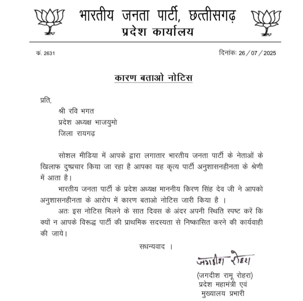 छत्तीसगढ़ - BJYM के प्रदेशाध्यक्ष को अपनी ही सरकार के खिलाफ बोलना पड़ा भारी , कारण बताओ नोटिस जारी