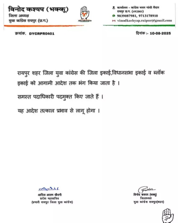 छत्तीसगढ़ - जिला युवा कांग्रेस की कार्यकारिणी और विधानसभा अध्यक्षो की पूरी कमेटी भंग