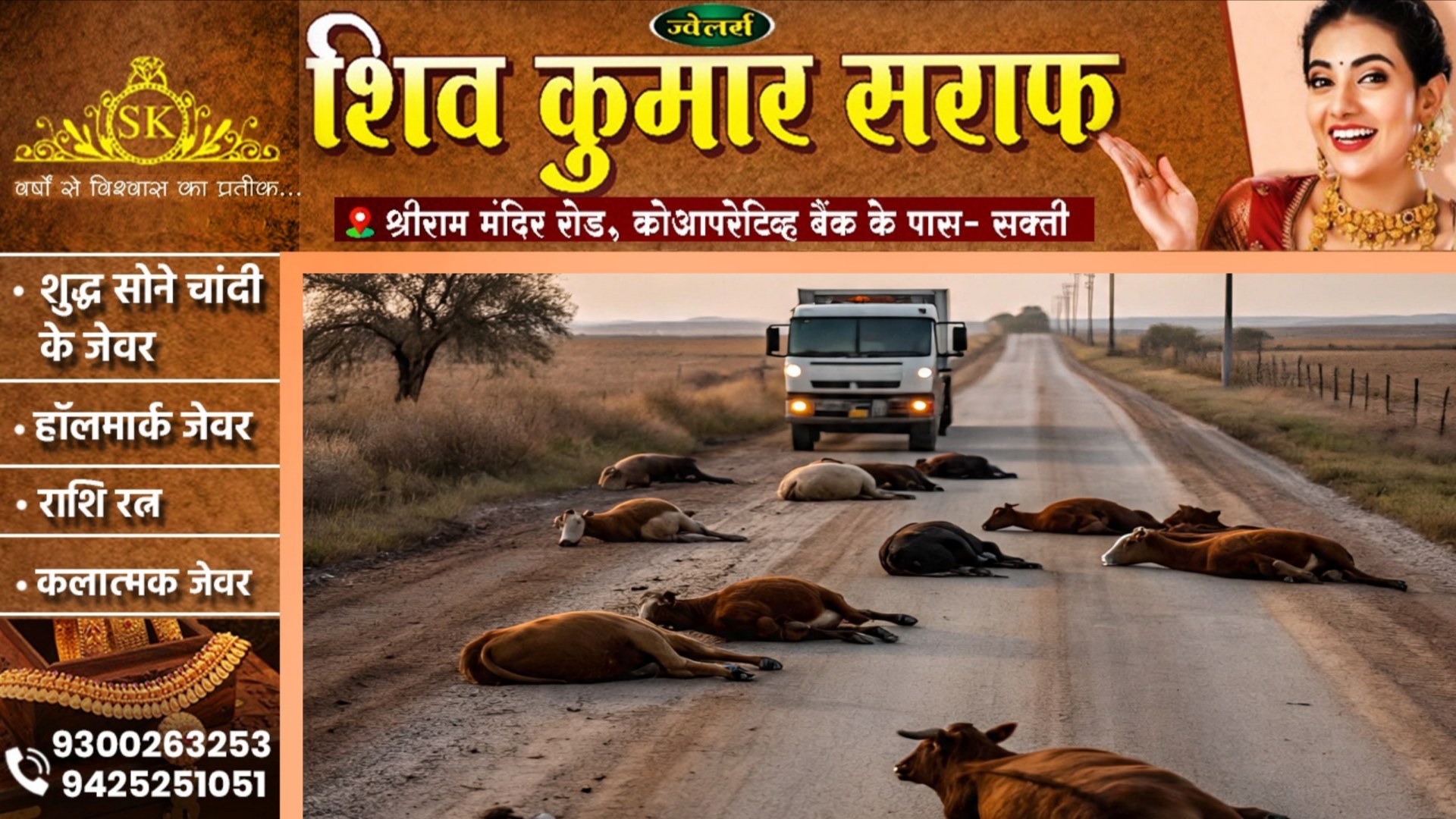 सक्ती - तेज रफ्तार हायवा ने सड़क पर बैठे गायों को मारी टक्कर , हादसे में 10 गौवंशो की मौत