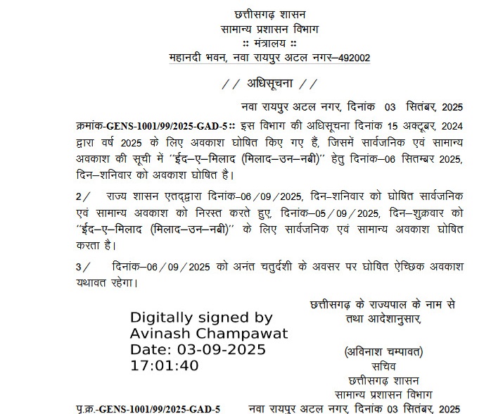 छत्तीसगढ़ सरकार ने छुट्टी की तारीखों में किया बदलाव, इस दिन की छुट्टी निरस्त, अधिसूचना जारी