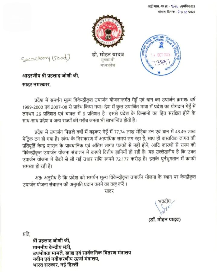 राज्य सरकार इस बार किसानों से समर्थन मूल्य पर नही खरीदेगी धान, मुख्यमंत्री ने केन्द्र सरकार को लिखा पत्र