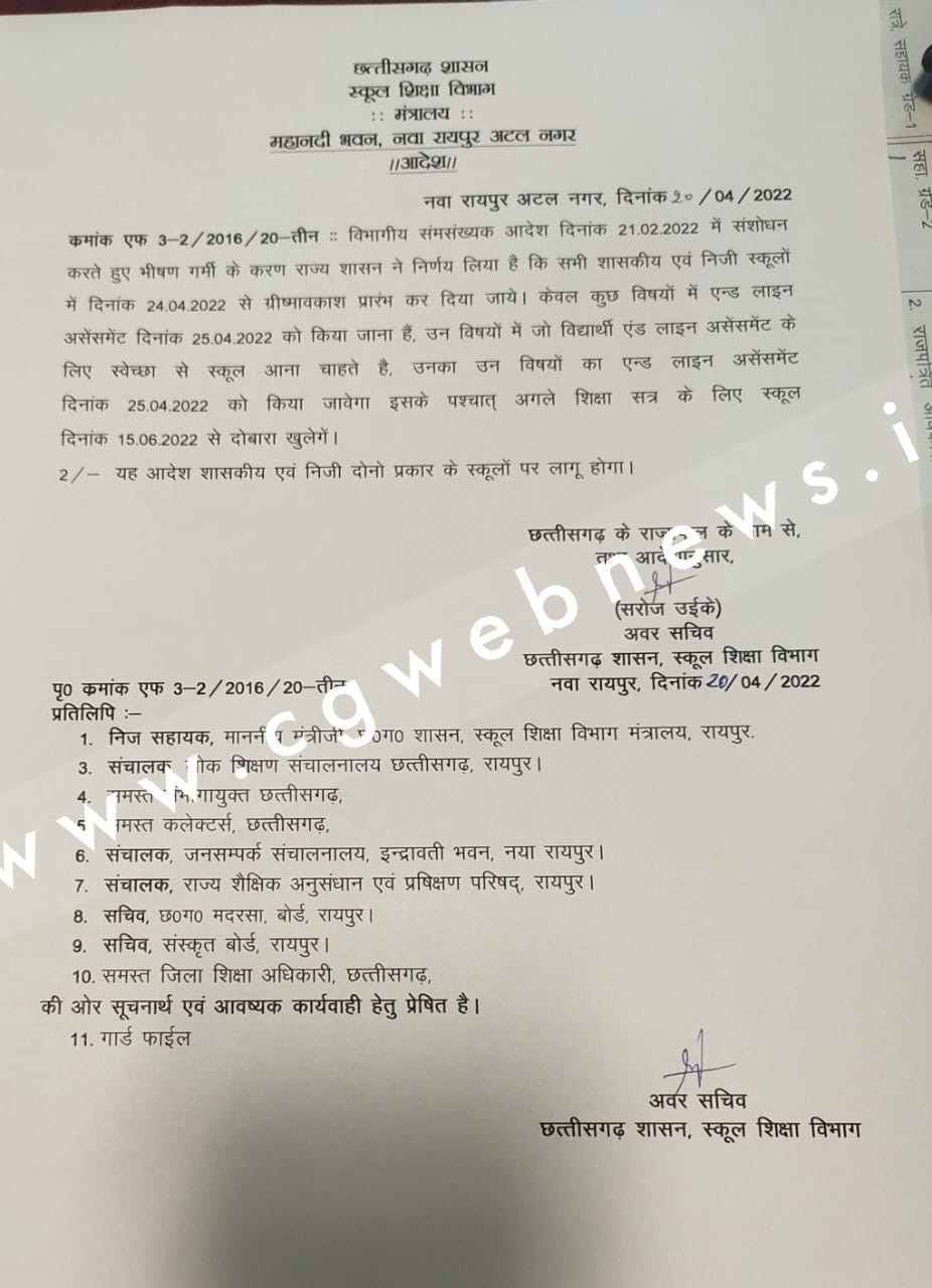 छत्तीसगढ़ के शासकीय एवं निजी स्कूलों में गर्मी की छुट्टियों का एलान , इतने महीने तक रहेंगे स्कूल बंद
