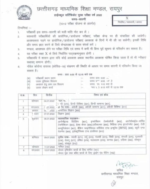 छत्तीसगढ़ माध्यमिक शिक्षा मंडल ने जारी किया बोर्ड की पूरक परीक्षा का टाईम टेबल , डाउनलोड कर देखे टाईम टेबल