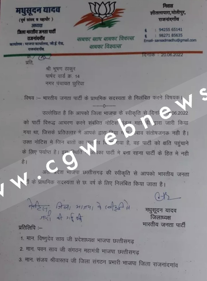 छत्तीसगढ़ से बड़ी खबर , भाजपा ने 8 पार्षदों को 06 साल के लिए पार्टी से किया निष्कासित