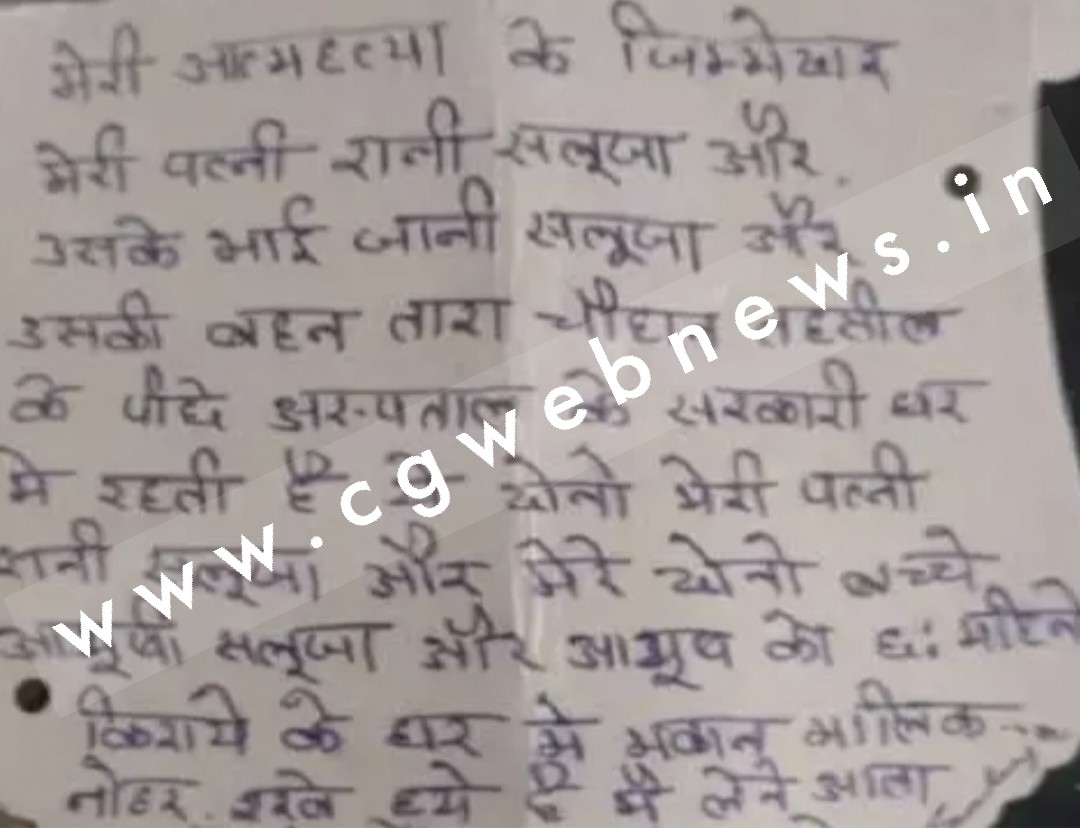 छत्तीसगढ़ - पत्नी , साला और साली की प्रताड़ना से तंग आकर युवक ने की खुदकुशी , सुसाइड नोट में लिखी यह बात