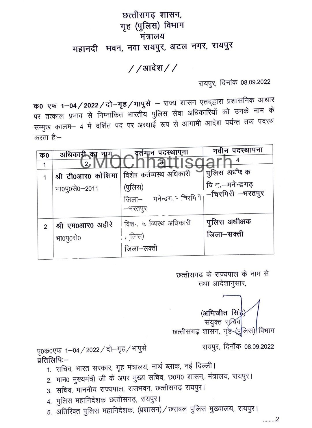सक्ती से बड़ी खबर , यह होंगे सक्ती जिले के नए पुलिस अधीक्षक , राज्य शासन ने जारी किया आदेश
