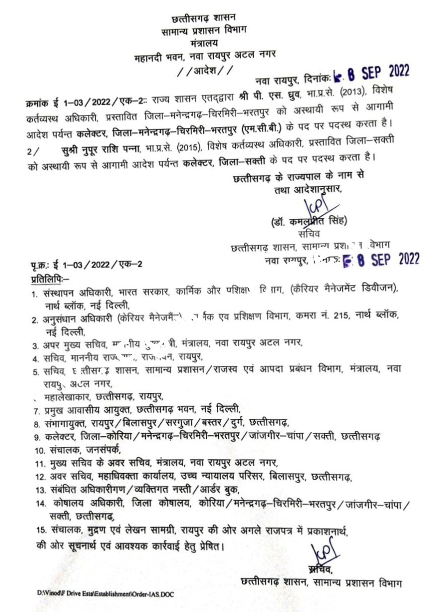 यह होंगी नव गठित सक्ती जिले की प्रथम कलेक्टर , राज्य शासन ने जारी किया आदेश