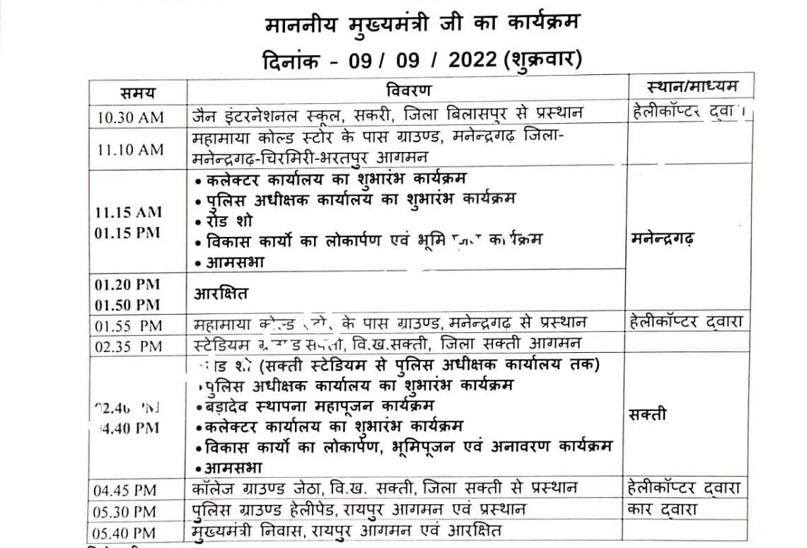 CM के कार्यक्रमों का मिनट टू मिनट शेड्यूल जारी , देखे कल के सभी कार्यक्रमो की जानकारी