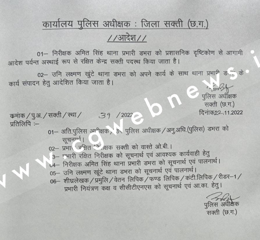 सक्ती SP एम. आर. अहिरे ने थाना प्रभारी को लाईन अटैच कर उप निरीक्षक को सौपी थाने की कमान