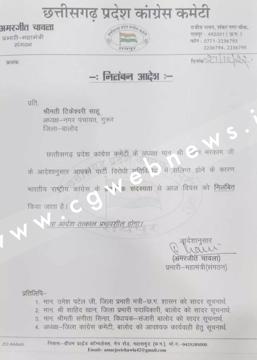 छत्तीसगढ़ - प्रदेश कॉंग्रेस कमेटी ने नगर पंचायत अध्यक्ष को पार्टी से किया निलंबित