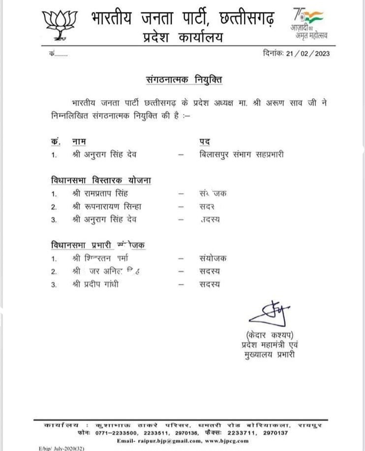 छत्तीसगढ़ भाजपा में नियुक्तियां , रामप्रताप सिंह और रूप नारायण सिंह लौटे मुख्य धारा में , सिंहदेव को भी जिम्मेदारी , देखे सूची