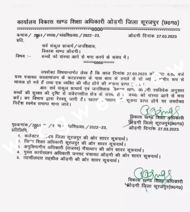 छत्तीसगढ़ - बाघ का आतंक , एक ग्रामीण कि मौत दो गंभीर , दहसत में ग्रामीण , स्कूलों में छुट्टी घोषित