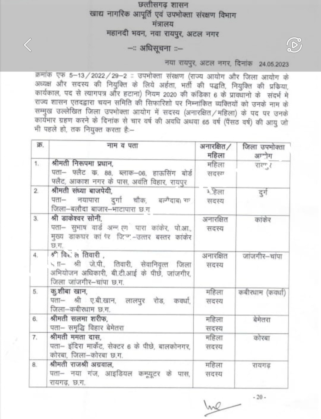 छत्तीसगढ़ - जिला उपभोक्ता आयोगों में सदस्यों की नियुक्ति , जांजगीर चाम्पा जिले में इन्हें मिली जिम्मेदारी