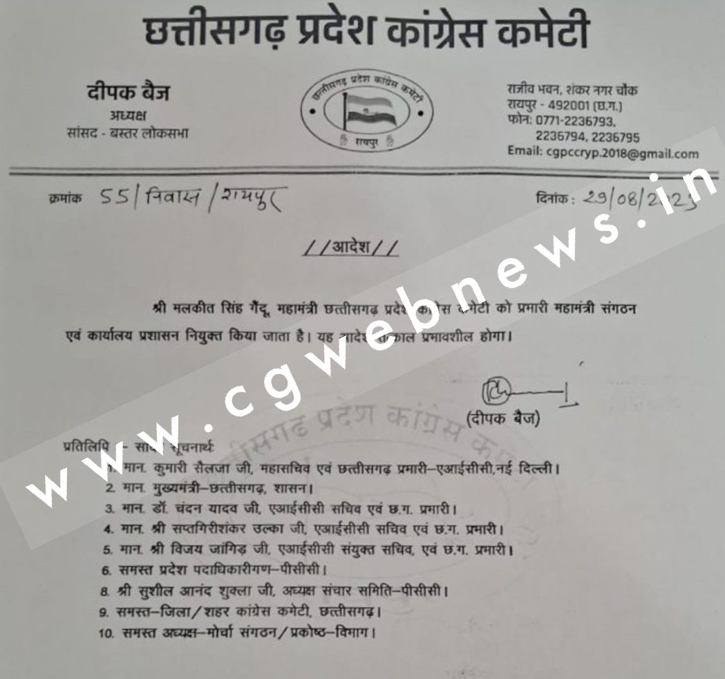छत्तीसगढ़ कांग्रेस संगठन में बड़ा बदलाव , PCC चीफ ने इसे दी बड़ी जिम्मेदारी , देखे आदेश की कॉपी