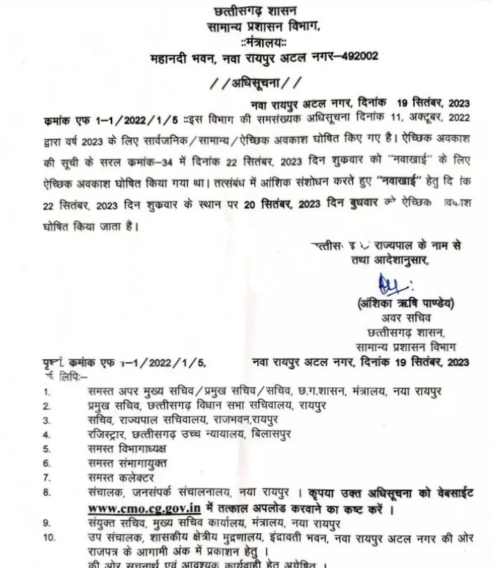 छत्तीसगढ़ सरकार ने 20 सितंबर बुधवार को किया अवकाश घोषित , देखे आदेश