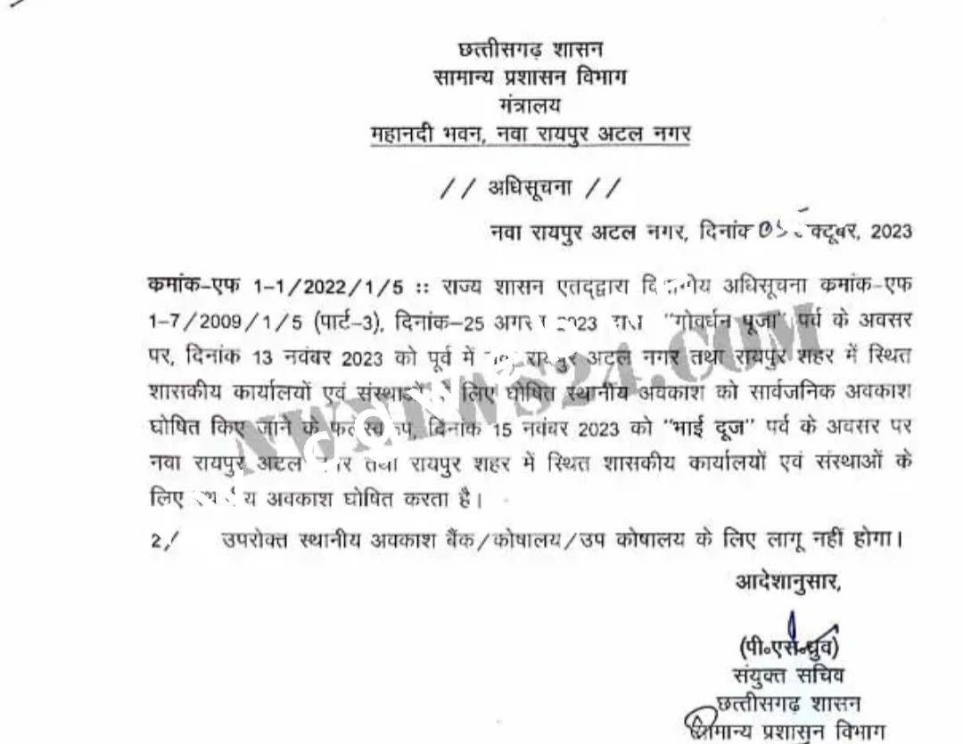 छत्तीसगढ़ छुट्टी BREAKING - शासकीय छुट्टी में लिस्ट में बदलाव , इस दिन रहेगा सार्वजनिक अवकाश