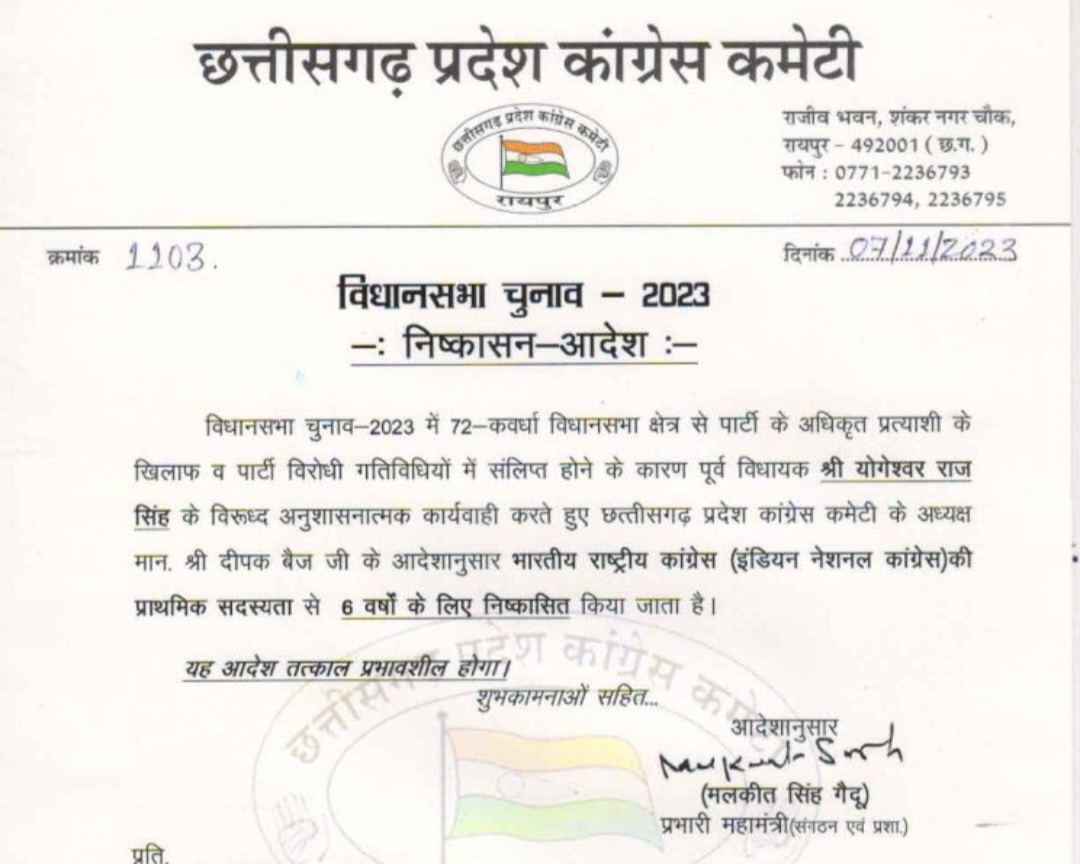 छत्तीसगढ़ कांग्रेस की बड़ी कार्यवाही , दो बार के विधायक को 06 साल के लिए दिखाया पार्टी से बाहर का रास्ता