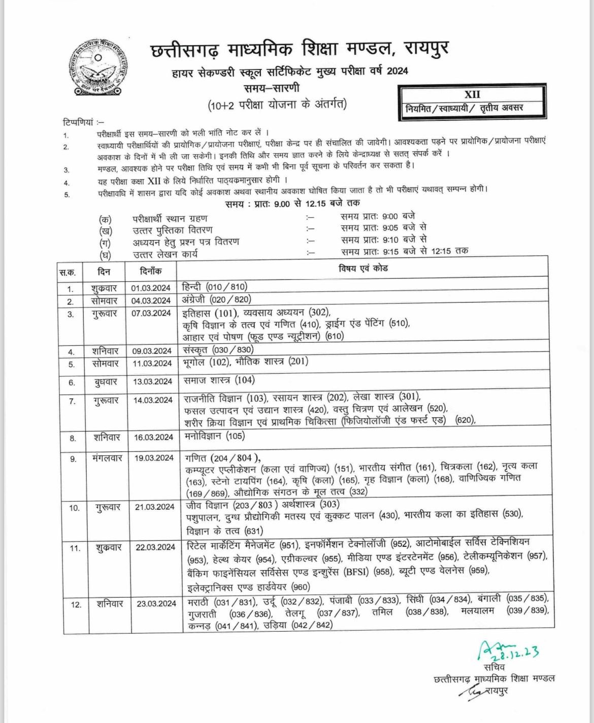 छत्तीसगढ़ - माध्यमिक शिक्षा मंडल ने जारी किया 10वी और 12वी बोर्ड परीक्षा का टाइमटेबल