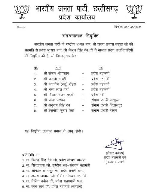 छत्तीसगढ़ - भाजपा प्रदेशाध्यक्ष ने किया संगठन में बड़ा फेरबदल , कई नये चेहरों को मिला मौका , देखें लिस्ट