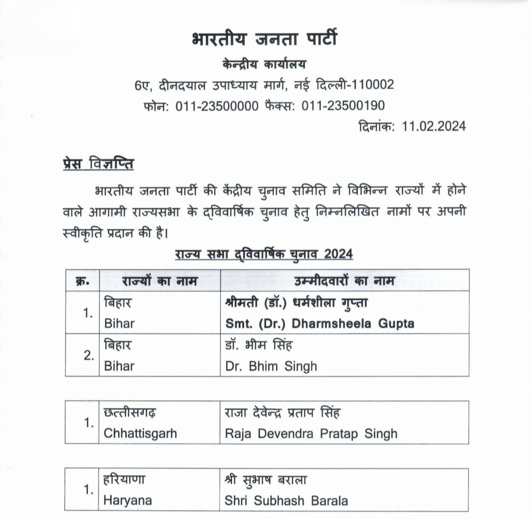 छत्तीसगढ़ - राज्यसभा के लिए सरोज पांडेय का नाम हुआ कट , अब यह होंगे भाजपा के राज्यसभा प्रत्याशी
