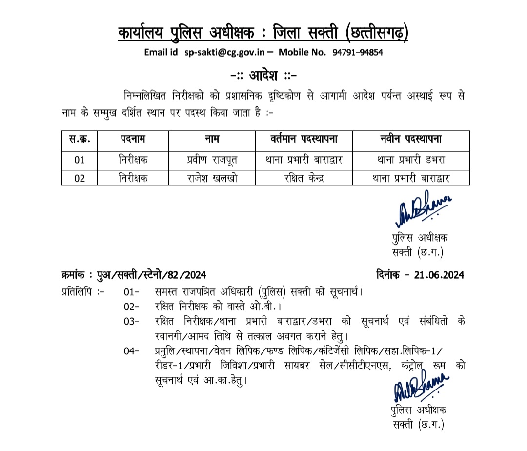 सक्ती - SP अंकिता ने बदले दो थानों के प्रभारी , अब प्रवीण दहाड़ेंगे डभरा में तो बाराद्वार की कमान संभालेंगे खलखो