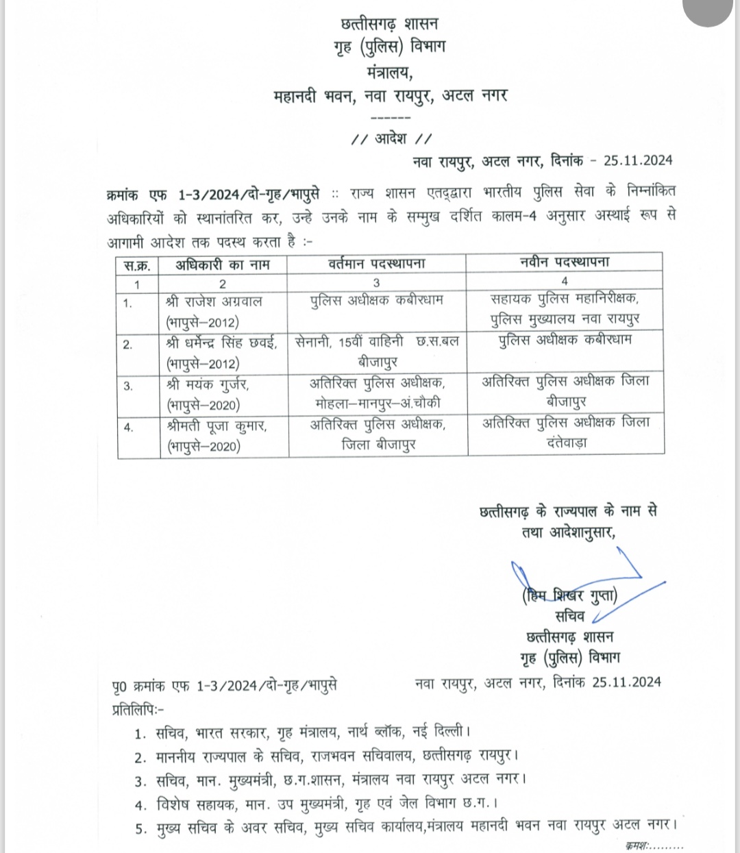 छत्तीसगढ़ - IPS अधिकारियों का तबादला , बदले गए इन दो जिलों के SP , देखे आदेश,,